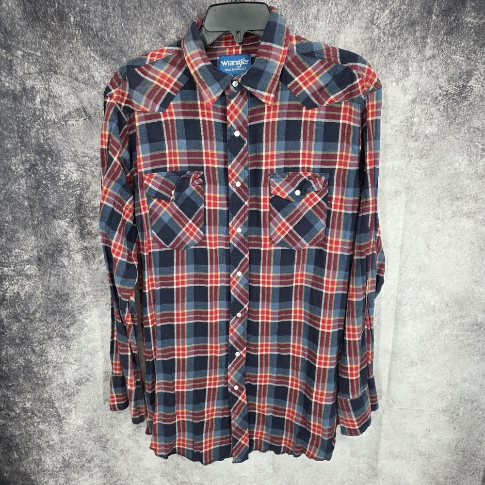 Vintage Wrangler Western Shirt Mens XL Plaid Pearl Snap Flannel Heavyweight